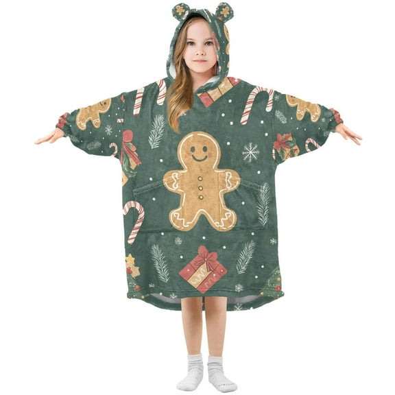 FORMRS Wearable Blanket Hoodie with Sleeves for Kids Cozy Flannel Sweatshirt, Brown Christmas Gingerbread