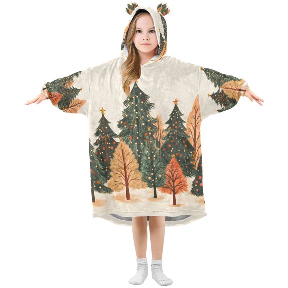 FORMRS Wearable Blanket Hoodie with Sleeves for Kids Cozy Flannel Sweatshirt, Brown Christmas Trees