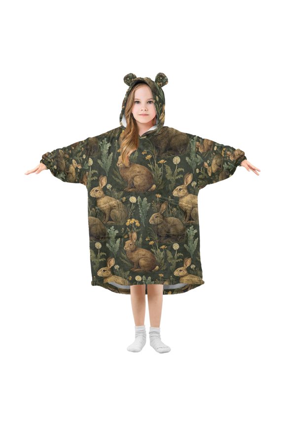 Wearable Blanket Hoodie with Sleeves for Kids Cozy Flannel Sweatshirt, Brown Floral Rabbits Pattern