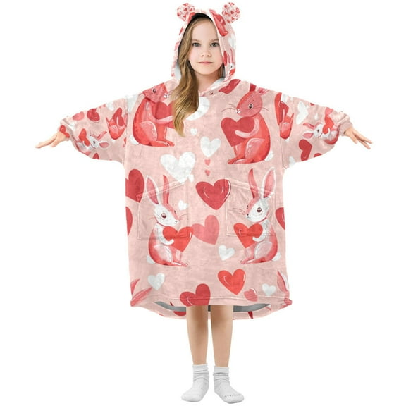 FORMRS Wearable Blanket Hoodie with Sleeves for Kids Cozy Flannel Sweatshirt, Bunnies and Hearts
