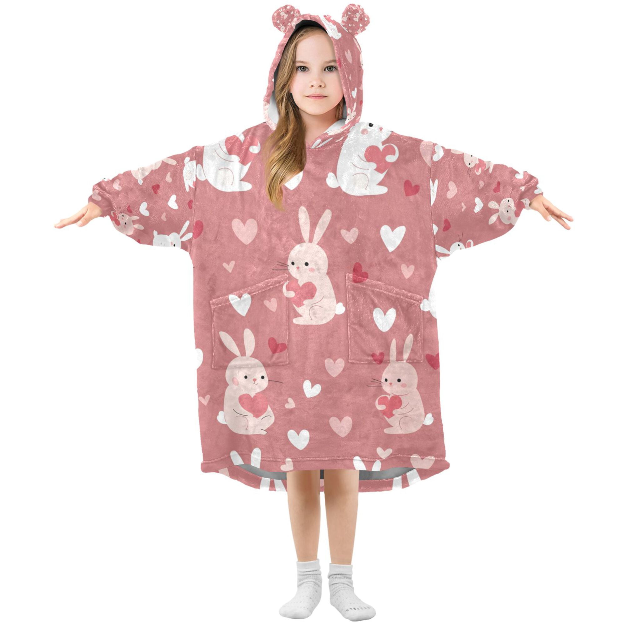FORMRS Wearable Blanket Hoodie with Sleeves for Kids Cozy Flannel Sweatshirt, Bunny Love Blooms