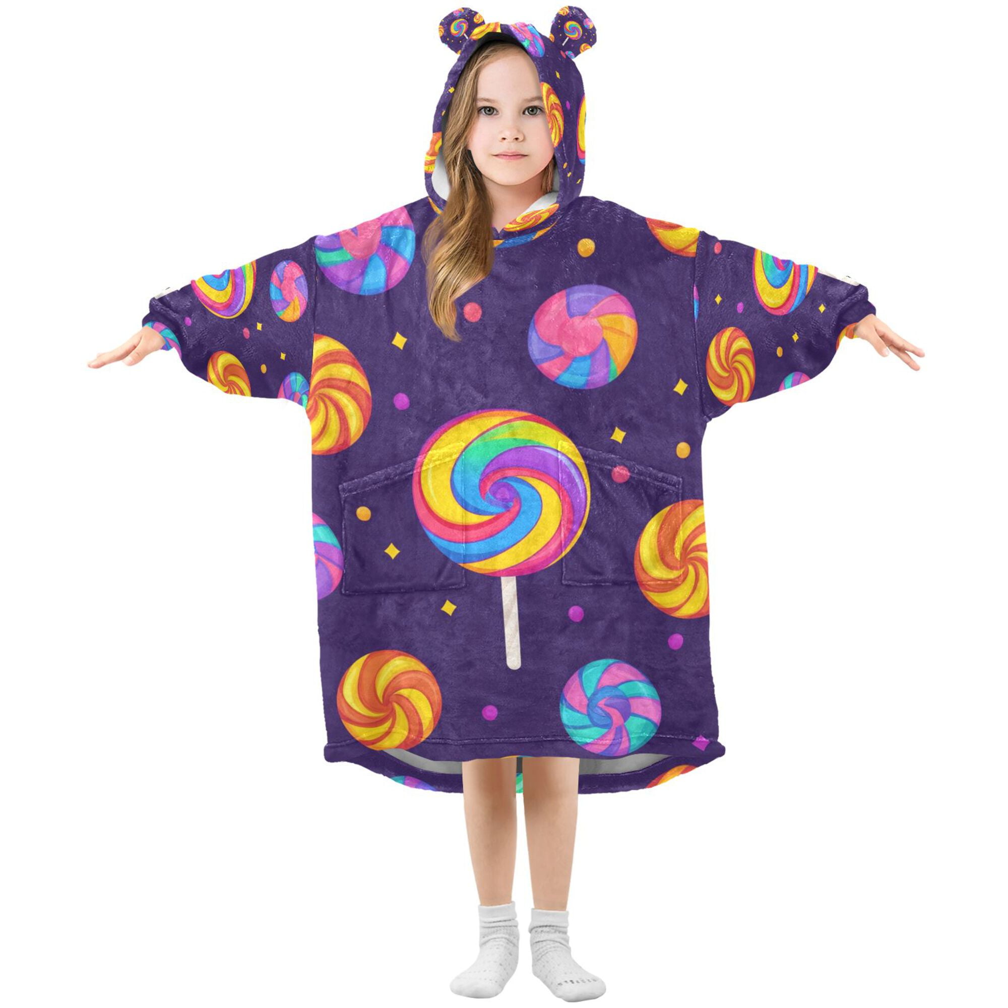 FORMRS Wearable Blanket Hoodie with Sleeves for Kids Cozy Flannel Sweatshirt, Candy Carnival