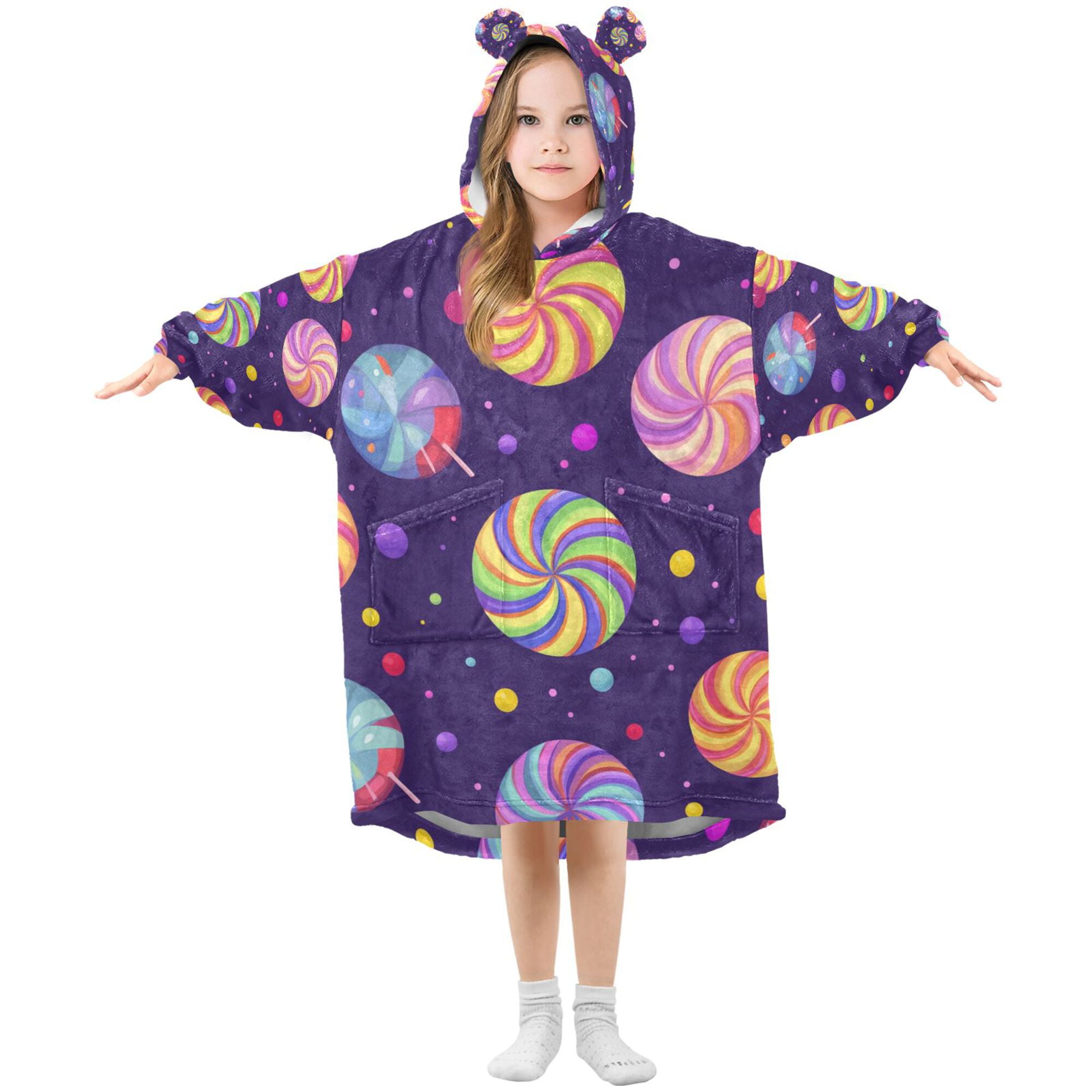 FORMRS Wearable Blanket Hoodie with Sleeves for Kids Cozy Flannel Sweatshirt, Candy Cosmic Swirls