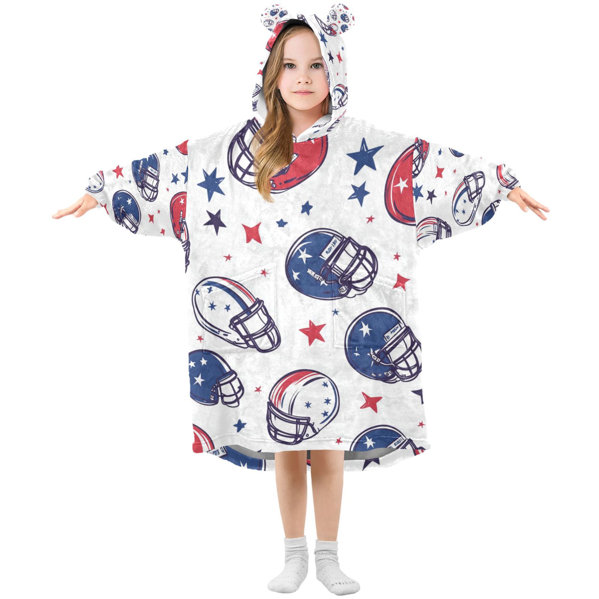 FORMRS Wearable Blanket Hoodie with Sleeves for Kids Cozy Flannel Sweatshirt, Cartoon American Football Helmets