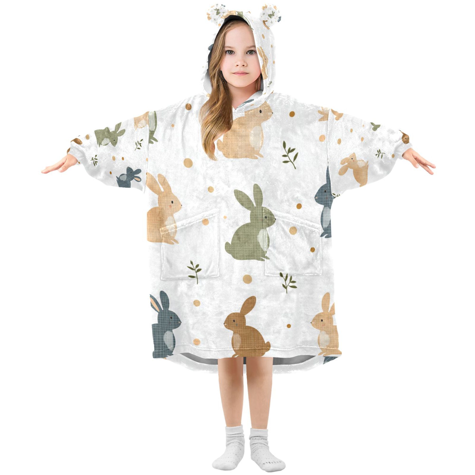 FORMRS Wearable Blanket Hoodie with Sleeves for Kids Cozy Flannel Sweatshirt, Cartoon Bunnies