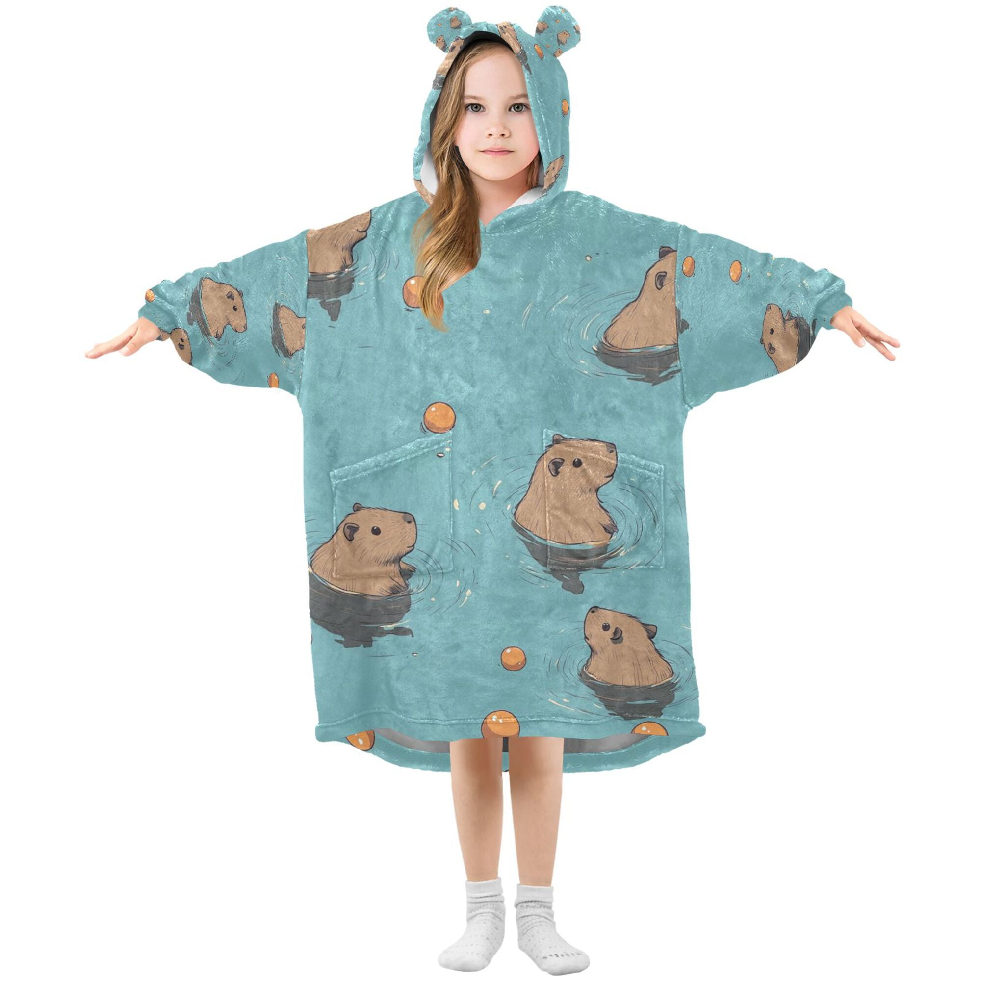 FORMRS Wearable Blanket Hoodie with Sleeves for Kids Cozy Flannel Sweatshirt, Cartoon Capybaras