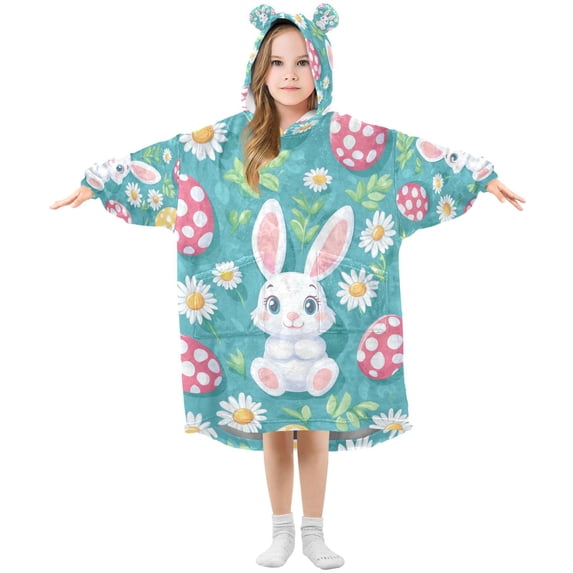 FORMRS Wearable Blanket Hoodie with Sleeves for Kids Cozy Flannel Sweatshirt, Cartoon Easter Bunny