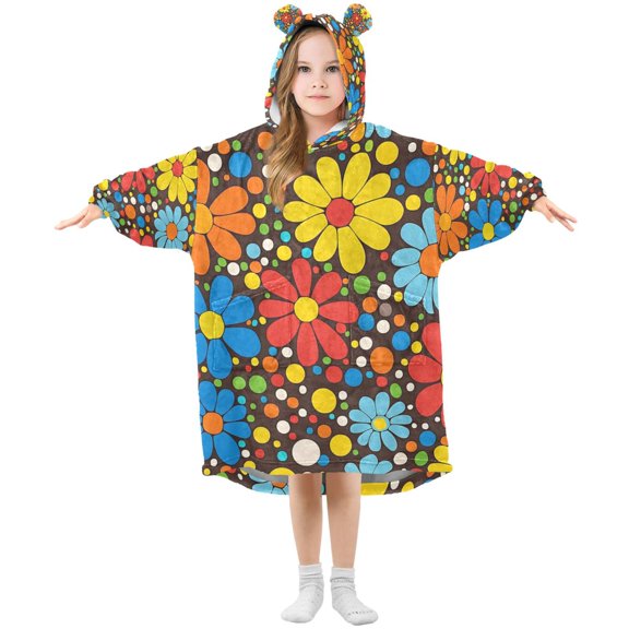 FORMRS Wearable Blanket Hoodie with Sleeves for Kids Cozy Flannel Sweatshirt, Cartoon Flowers