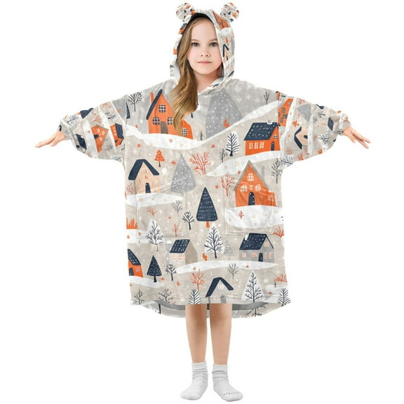 FORMRS Wearable Blanket Hoodie with Sleeves for Kids Cozy Flannel Sweatshirt, Cartoon Gray Houses