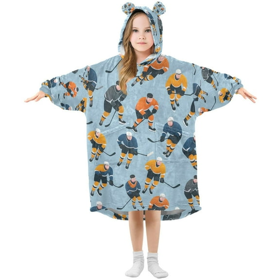 FORMRS Wearable Blanket Hoodie with Sleeves for Kids Cozy Flannel Sweatshirt, Cartoon Hockey Pattern