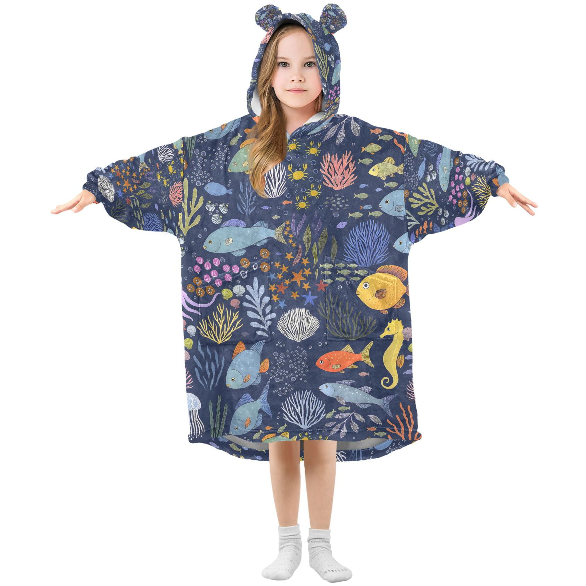 FORMRS Wearable Blanket Hoodie with Sleeves for Kids Cozy Flannel Sweatshirt, Cartoon Ocean Pattern