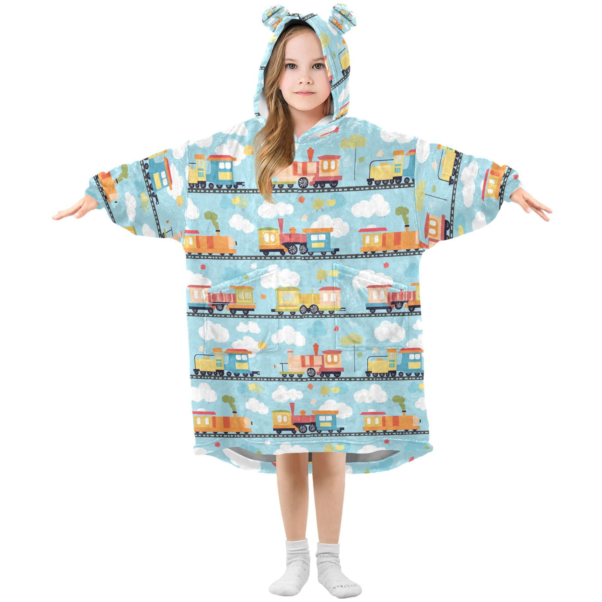 FORMRS Wearable Blanket Hoodie with Sleeves for Kids Cozy Flannel Sweatshirt, Cartoon Train Pattern