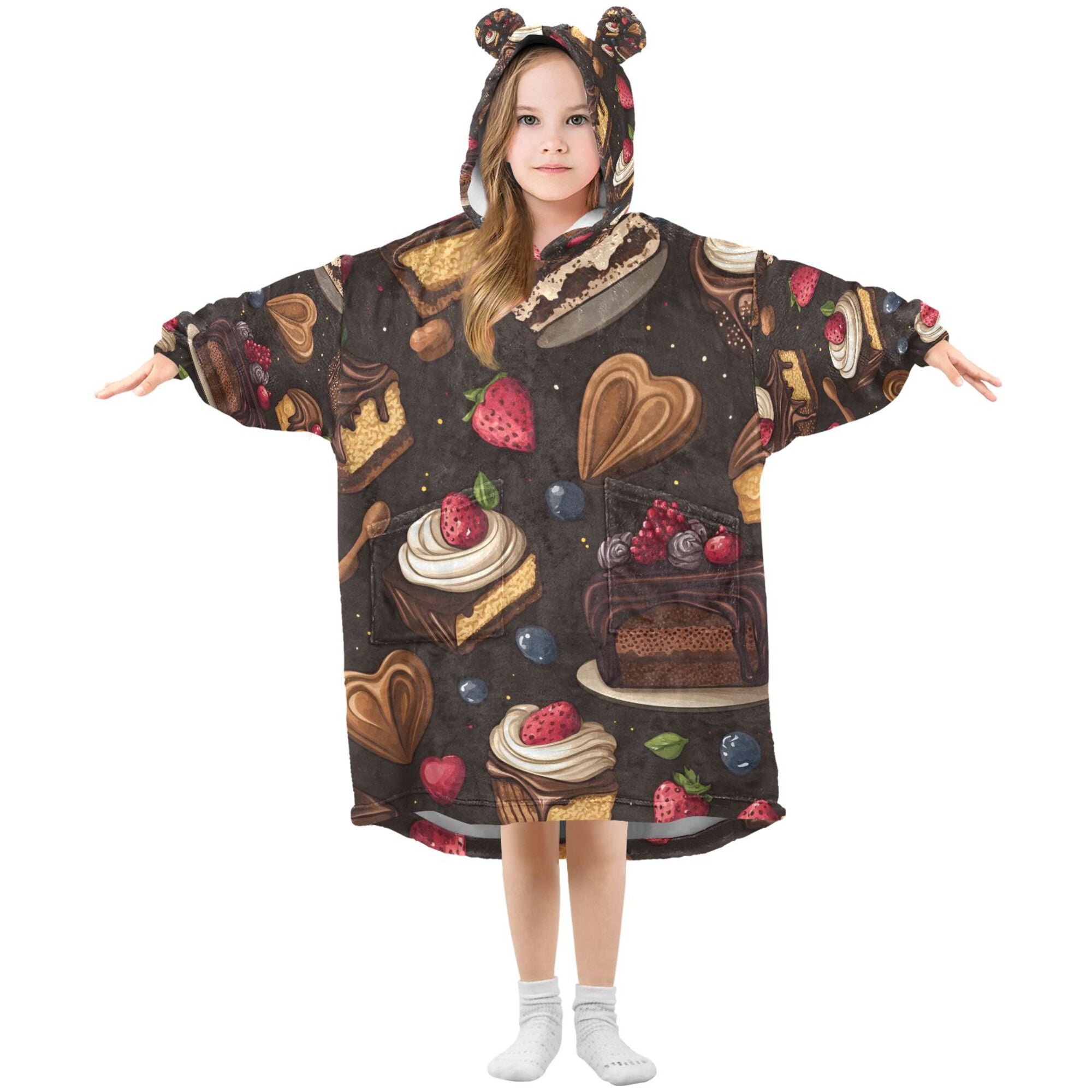FORMRS Wearable Blanket Hoodie with Sleeves for Kids Cozy Flannel Sweatshirt, Chocolate Cakes