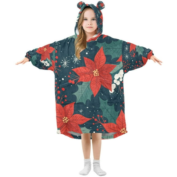 FORMRS Wearable Blanket Hoodie with Sleeves for Kids Cozy Flannel Sweatshirt, Christmas Berries