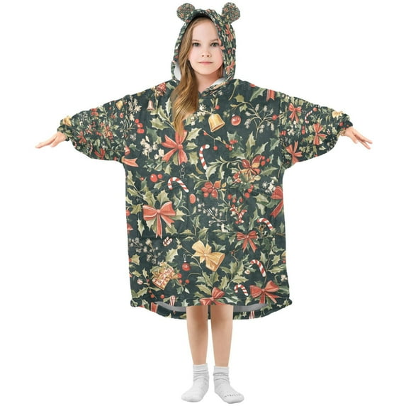 FORMRS Wearable Blanket Hoodie with Sleeves for Kids Cozy Flannel Sweatshirt, Christmas Bows