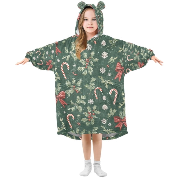 FORMRS Wearable Blanket Hoodie with Sleeves for Kids Cozy Flannel Sweatshirt, Christmas Candy Cane