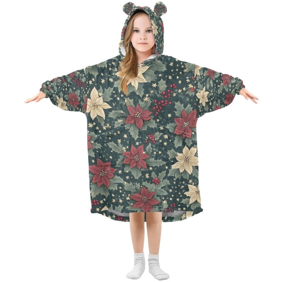 FORMRS Wearable Blanket Hoodie with Sleeves for Kids Cozy Flannel Sweatshirt, Christmas Holly Leaves