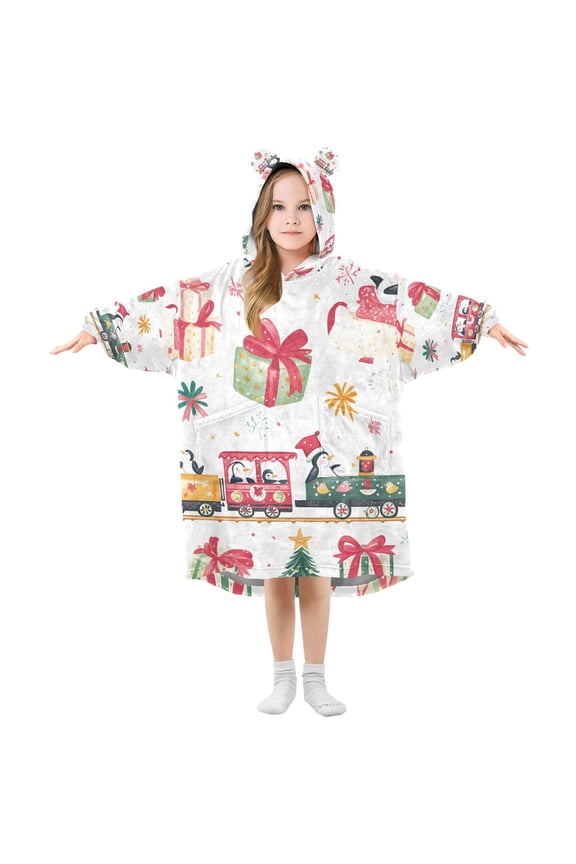 Wearable Blanket Hoodie with Sleeves for Kids Cozy Flannel Sweatshirt, Christmas Penguin