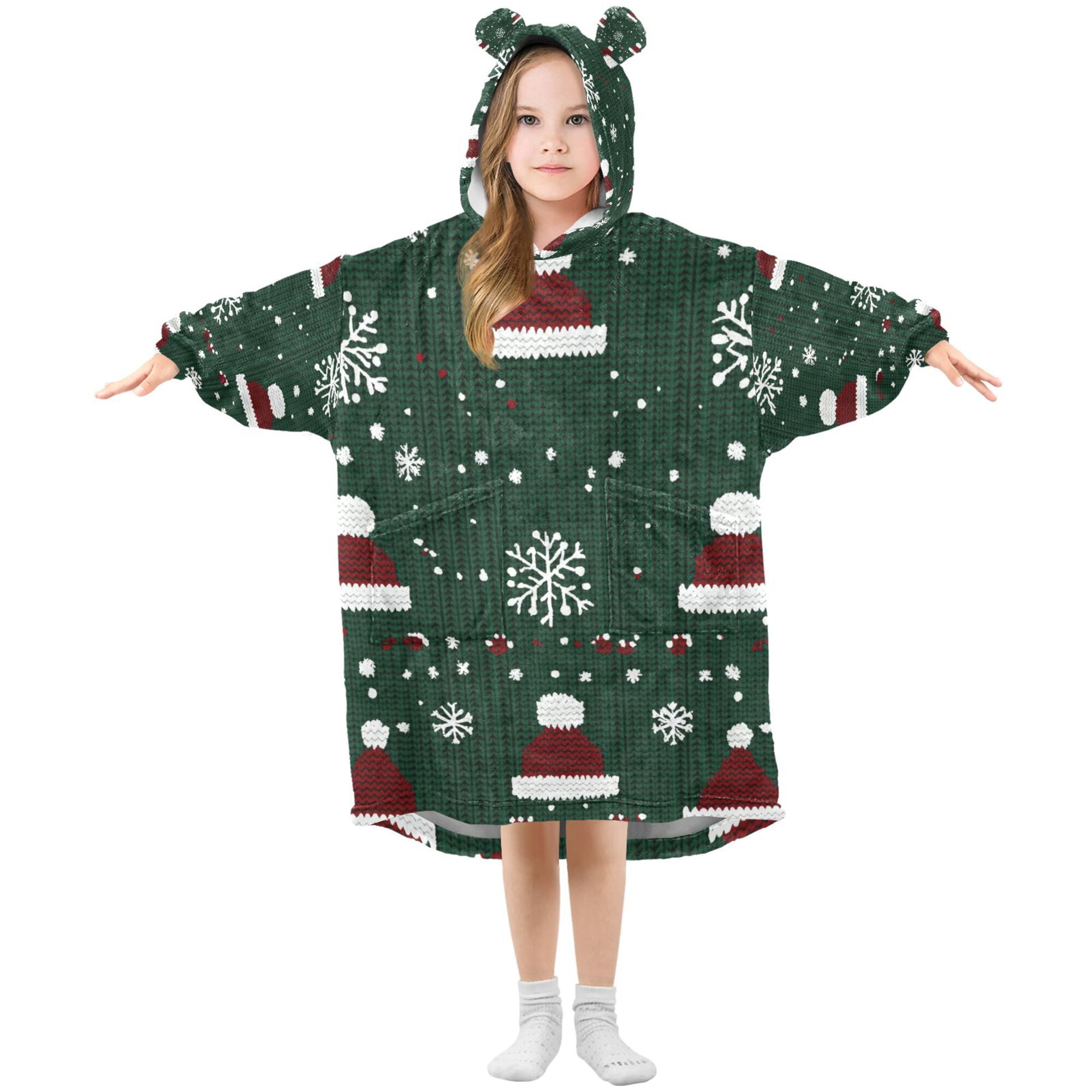 FORMRS Wearable Blanket Hoodie with Sleeves for Kids Cozy Flannel Sweatshirt, Christmas Santa Hats