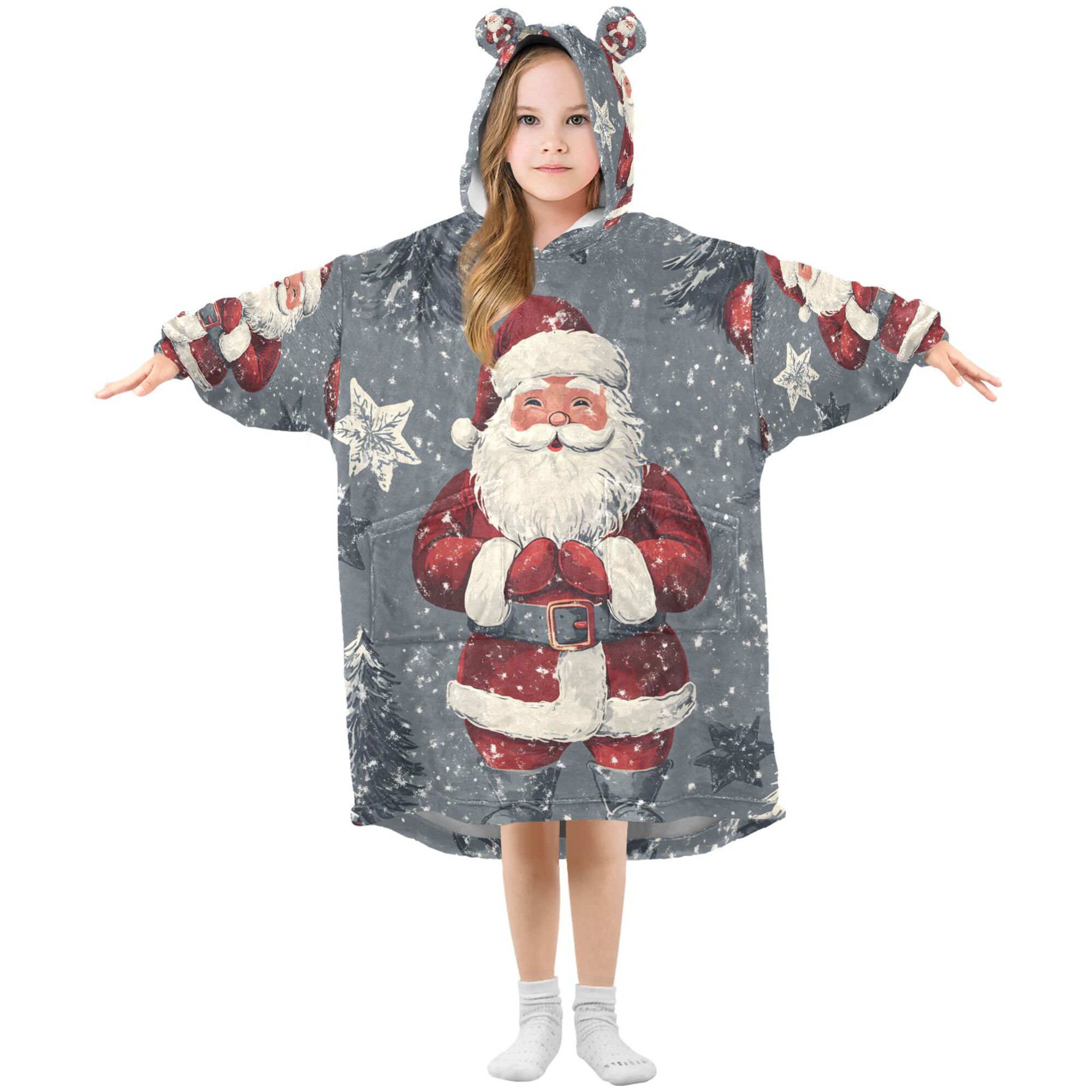 FORMRS Wearable Blanket Hoodie with Sleeves for Kids Cozy Flannel Sweatshirt, Christmas Santa