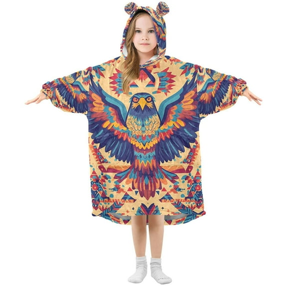 FORMRS Wearable Blanket Hoodie with Sleeves for Kids Cozy Flannel Sweatshirt, Colorful Abstract Eagle