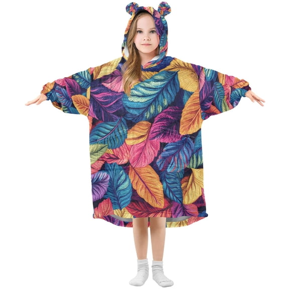 FORMRS Wearable Blanket Hoodie with Sleeves for Kids Cozy Flannel Sweatshirt, Colorful Art Leaves Pattern
