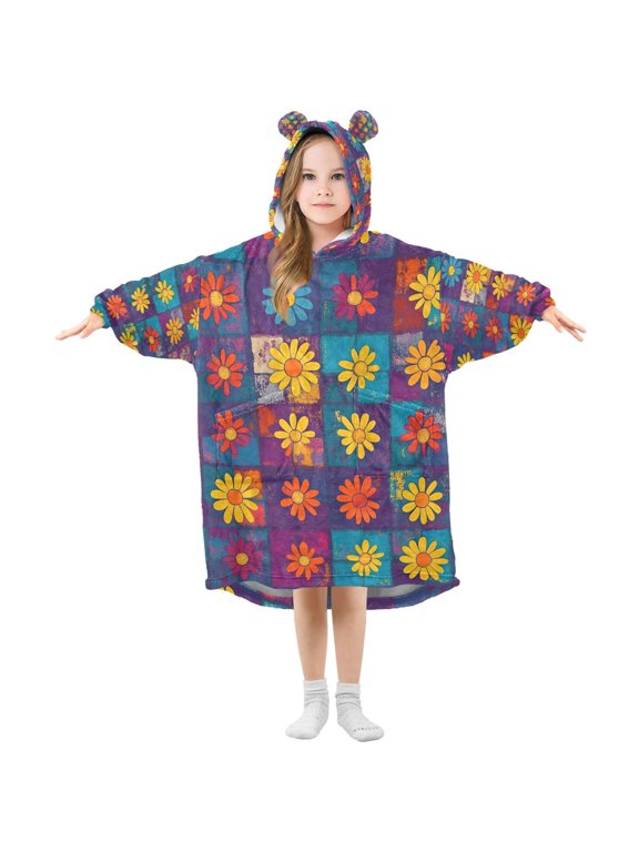 Wearable Blanket Hoodie with Sleeves for Kids Cozy Flannel Sweatshirt, Colorful Checkered Daisy