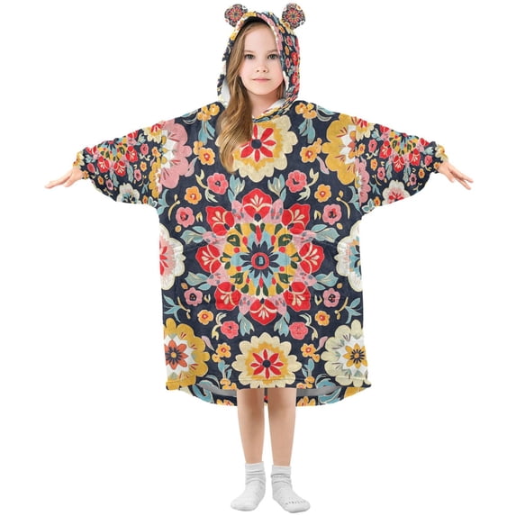 FORMRS Wearable Blanket Hoodie with Sleeves for Kids Cozy Flannel Sweatshirt, Colorful Floral Pattern