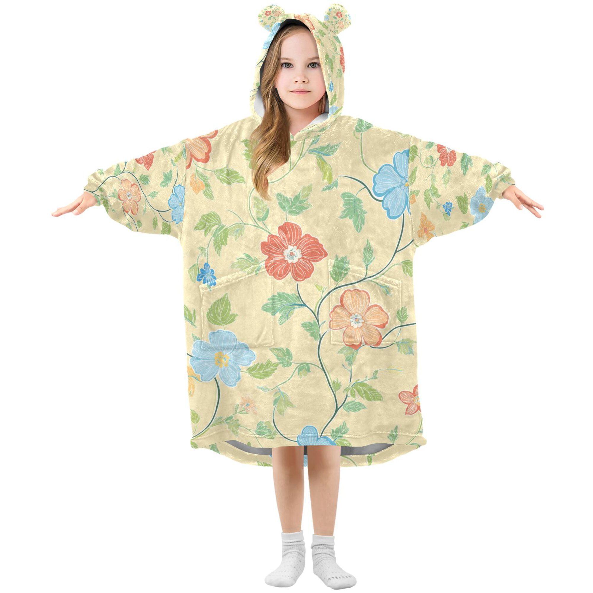 FORMRS Wearable Blanket Hoodie with Sleeves for Kids Cozy Flannel Sweatshirt, Colorful Flower