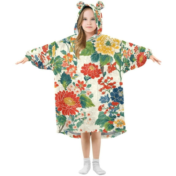 FORMRS Wearable Blanket Hoodie with Sleeves for Kids Cozy Flannel Sweatshirt, Colorful Flowers Pattern