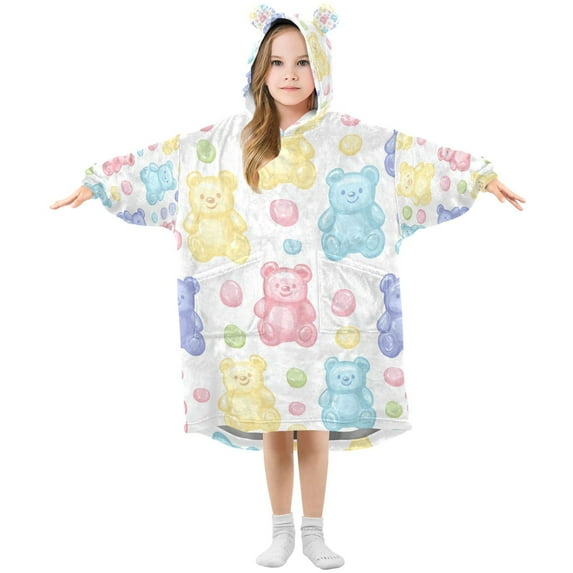 FORMRS Wearable Blanket Hoodie with Sleeves for Kids Cozy Flannel Sweatshirt, Colorful Gummy Bears Pattern