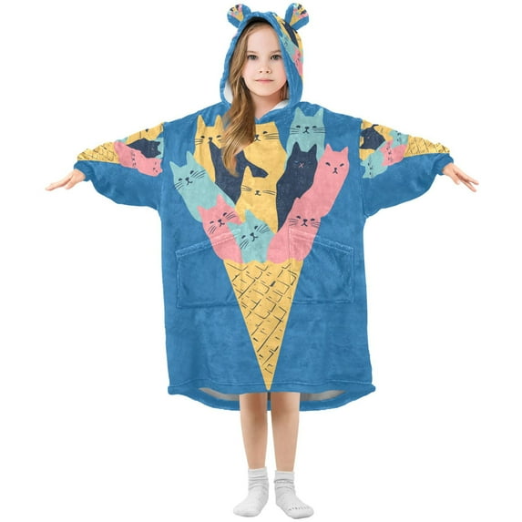 FORMRS Wearable Blanket Hoodie with Sleeves for Kids Cozy Flannel Sweatshirt, Colorful Ice Cream Cat
