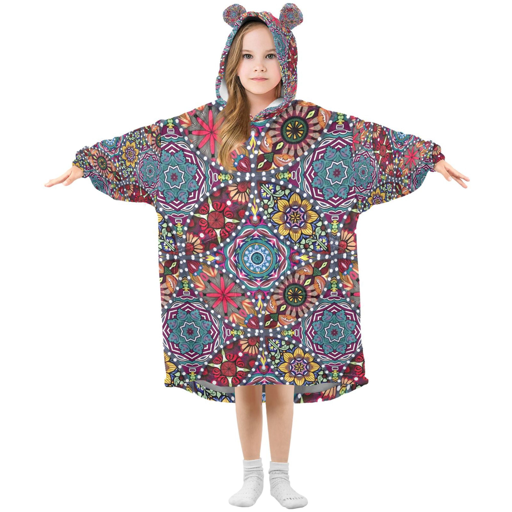 FORMRS Wearable Blanket Hoodie with Sleeves for Kids Cozy Flannel Sweatshirt, Colorful Mandala Pattern