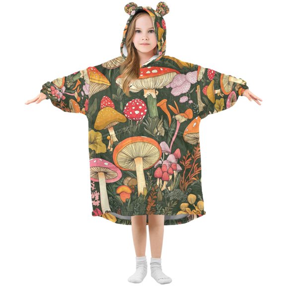 FORMRS Wearable Blanket Hoodie with Sleeves for Kids Cozy Flannel Sweatshirt, Colorful Mushroom