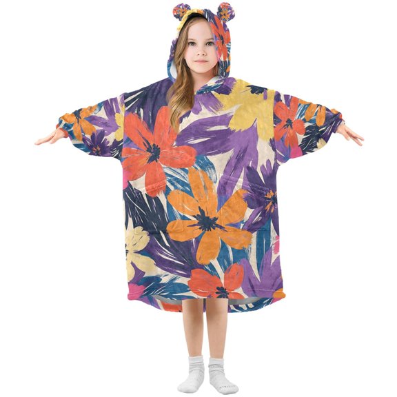 FORMRS Wearable Blanket Hoodie with Sleeves for Kids Cozy Flannel Sweatshirt, Colorful Painted Flowers Pattern