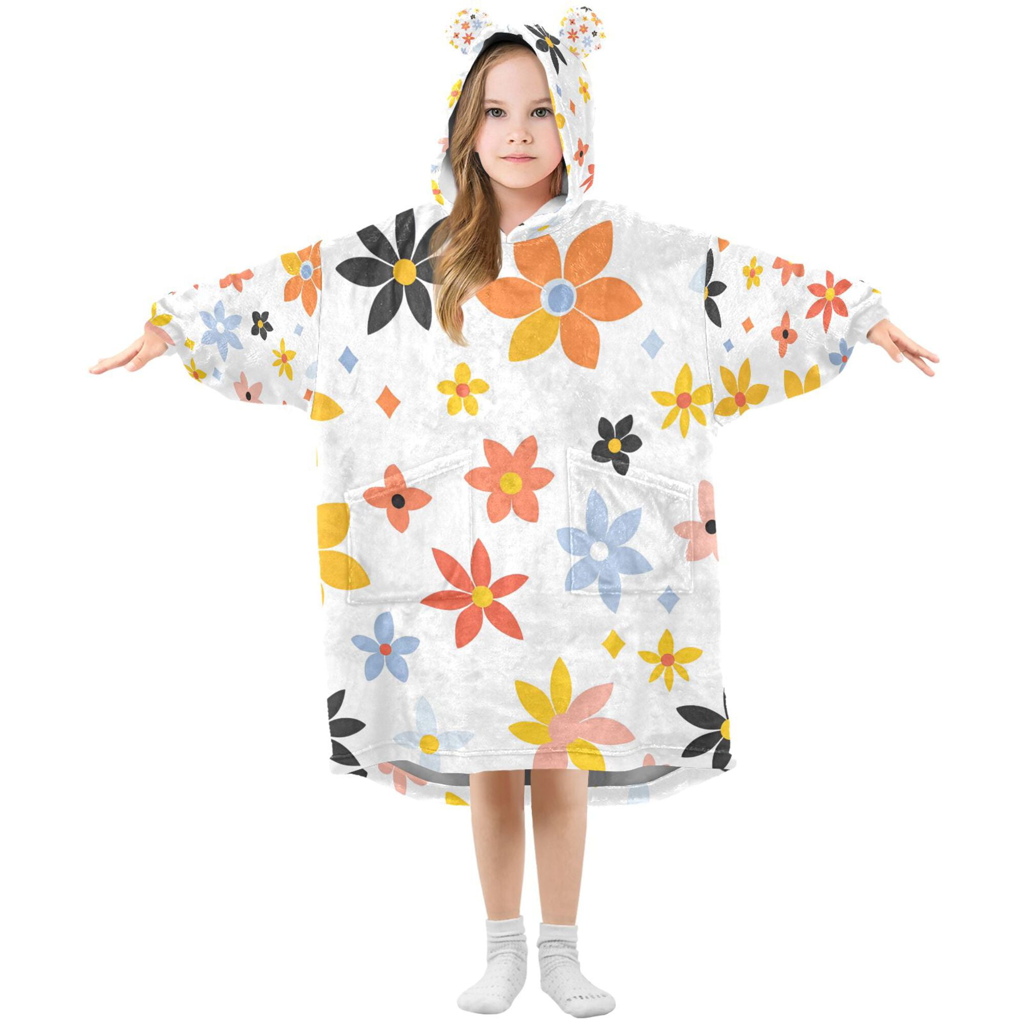 FORMRS Wearable Blanket Hoodie with Sleeves for Kids Cozy Flannel Sweatshirt, Colorful Retro Floral