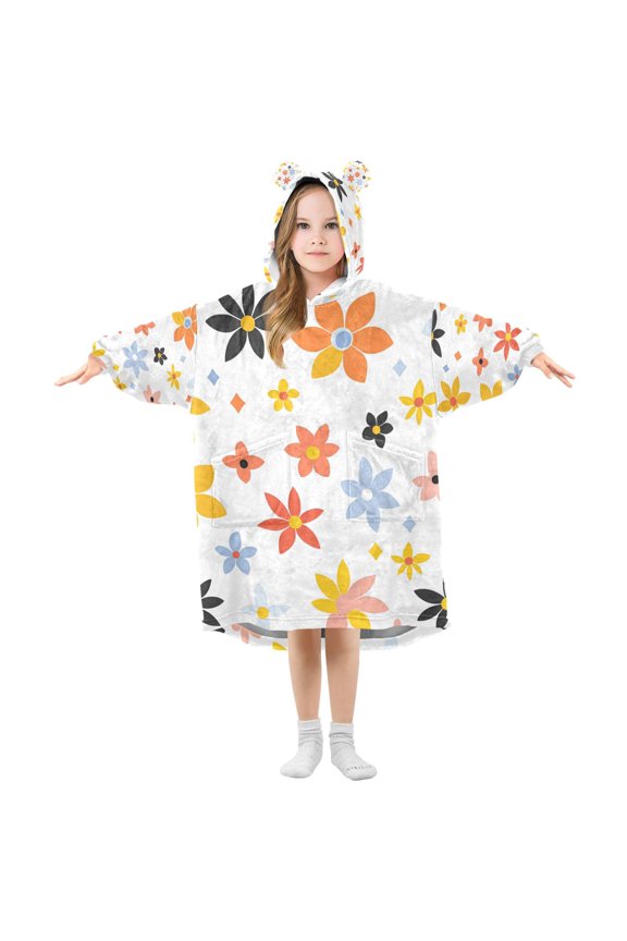 Wearable Blanket Hoodie with Sleeves for Kids Cozy Flannel Sweatshirt, Colorful Retro Floral