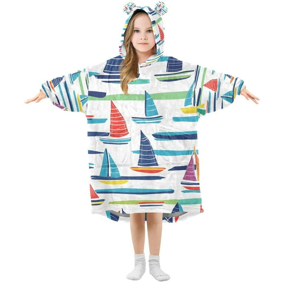 FORMRS Wearable Blanket Hoodie with Sleeves for Kids Cozy Flannel Sweatshirt, Colorful Sailboats