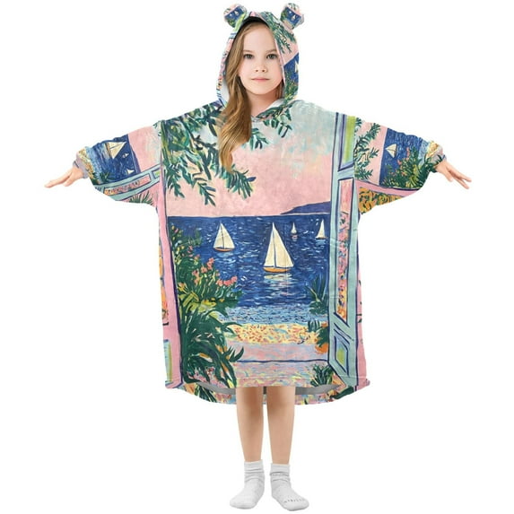 FORMRS Wearable Blanket Hoodie with Sleeves for Kids Cozy Flannel Sweatshirt, Colorful Seaside