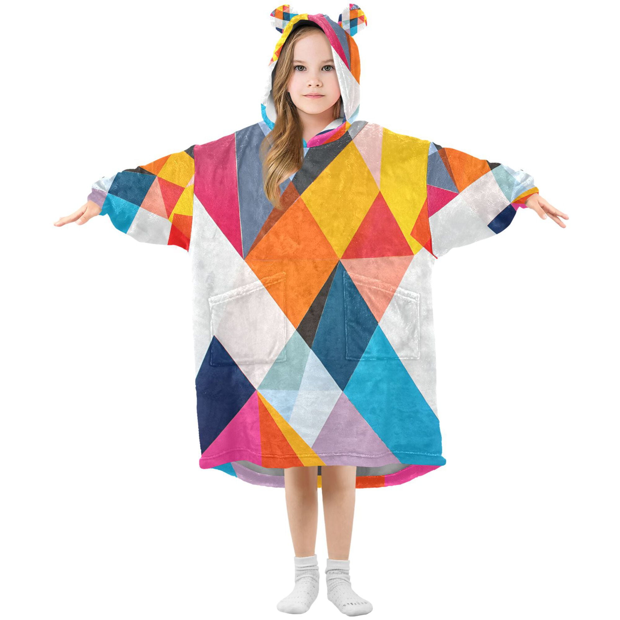 FORMRS Wearable Blanket Hoodie with Sleeves for Kids Cozy Flannel Sweatshirt, Colorful Triangles
