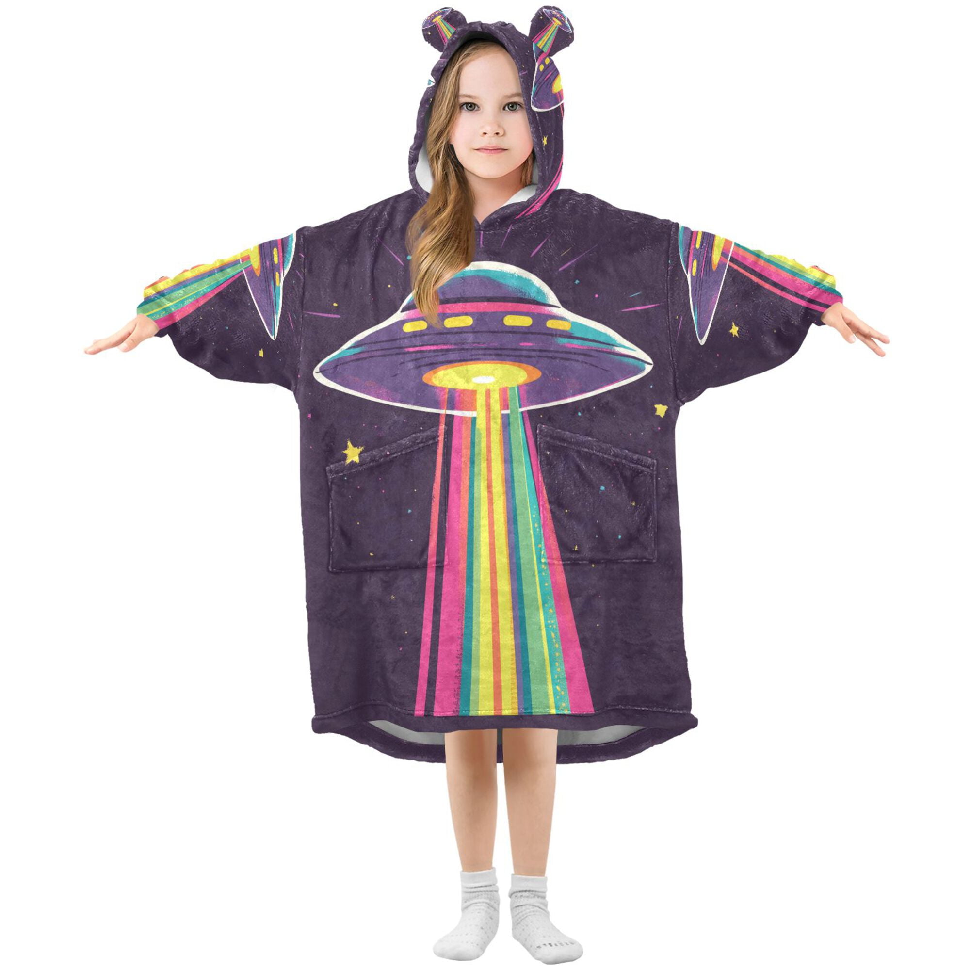 FORMRS Wearable Blanket Hoodie with Sleeves for Kids Cozy Flannel Sweatshirt, Colorful UFO