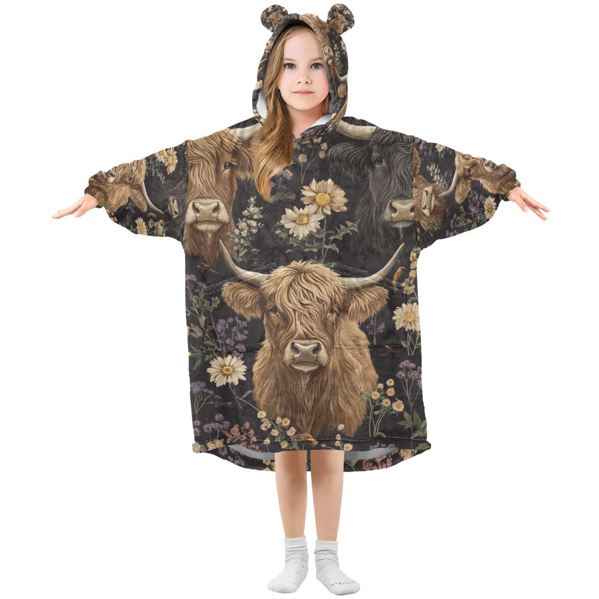 FORMRS Wearable Blanket Hoodie with Sleeves for Kids Cozy Flannel Sweatshirt, Cows and Flowers
