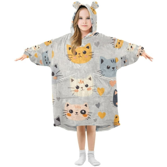 FORMRS Wearable Blanket Hoodie with Sleeves for Kids Cozy Flannel Sweatshirt, Cute Cartoon Cat