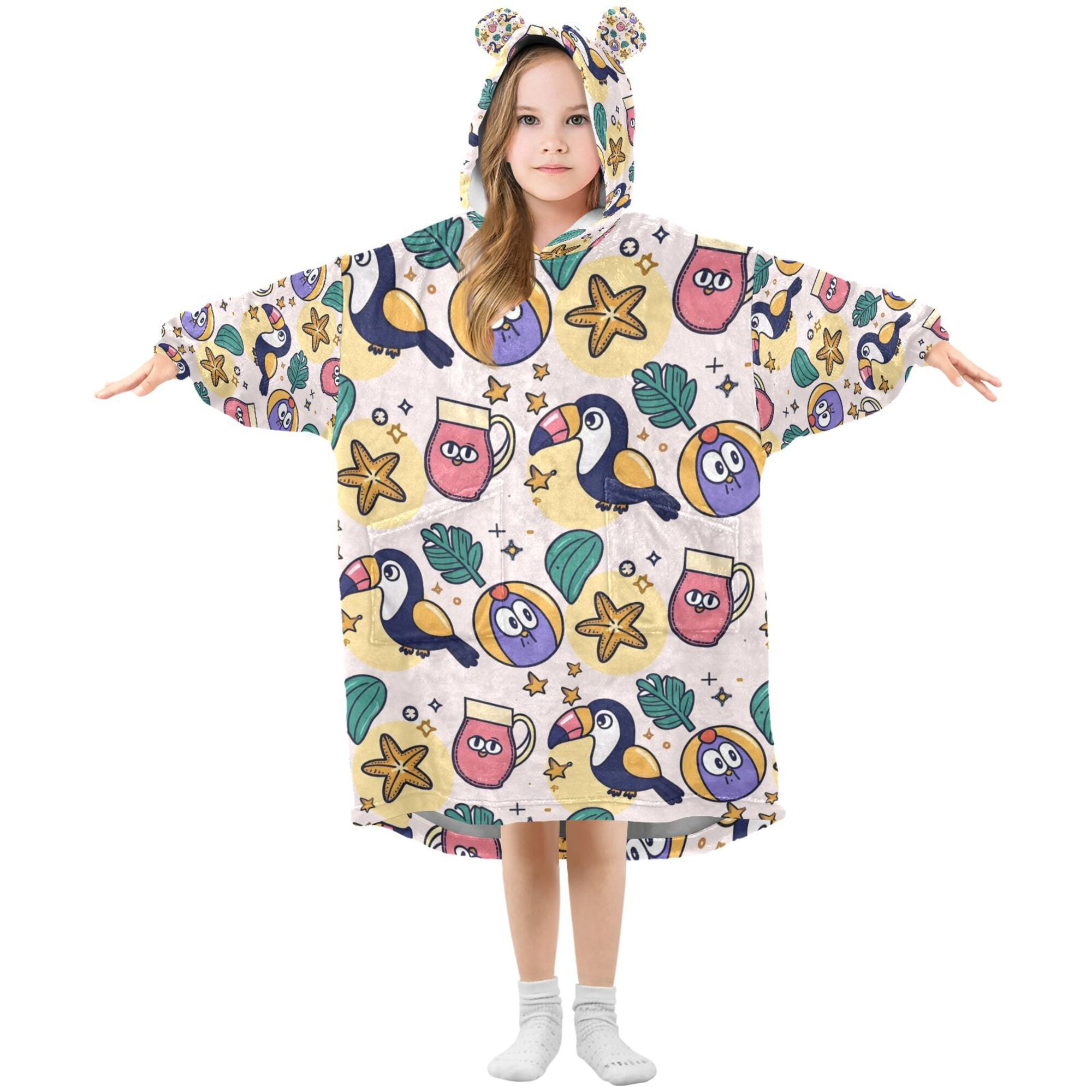 FORMRS Wearable Blanket Hoodie with Sleeves for Kids Cozy Flannel Sweatshirt, Cute Cartoon Pattern