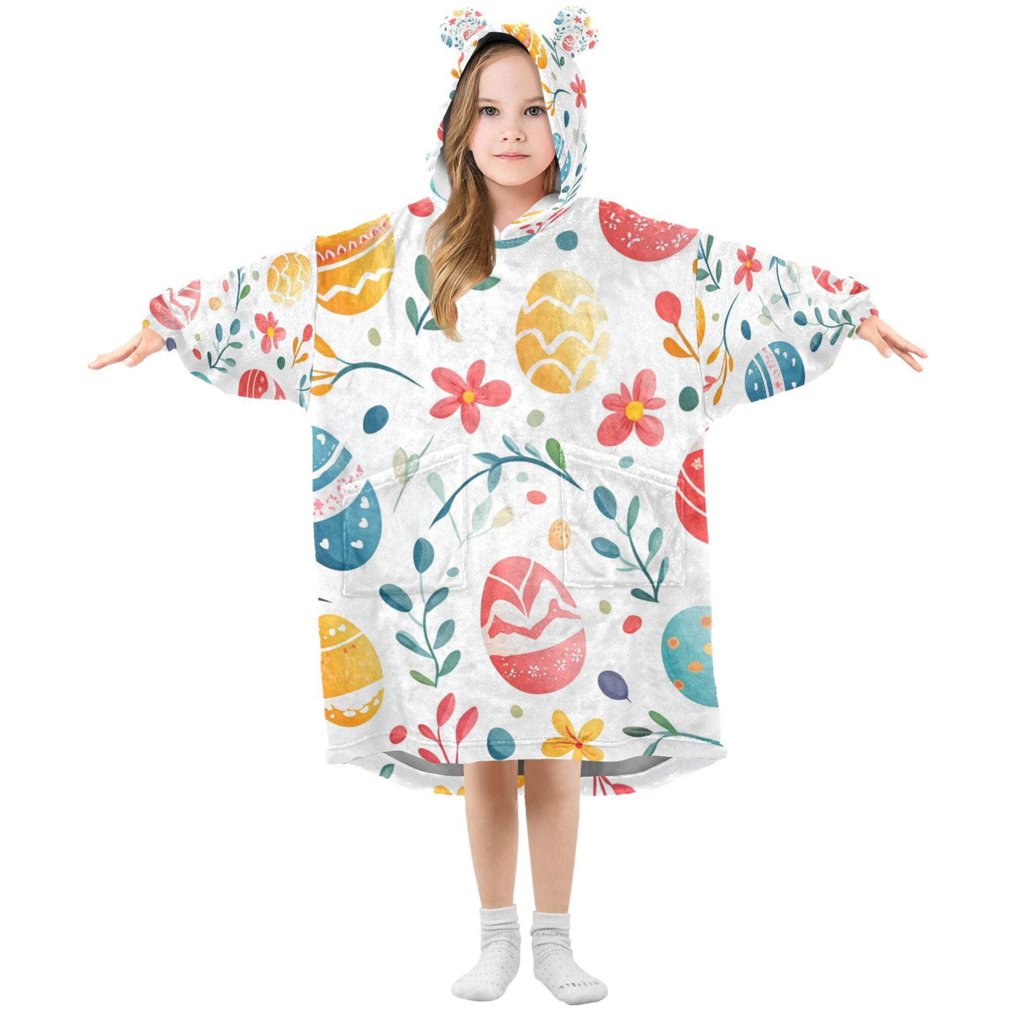 FORMRS Wearable Blanket Hoodie with Sleeves for Kids Cozy Flannel Sweatshirt, Cute Easter Eggs