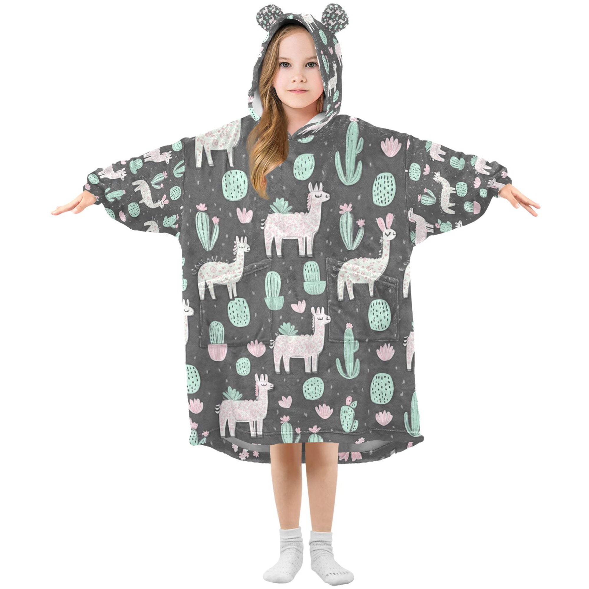 FORMRS Wearable Blanket Hoodie with Sleeves for Kids Cozy Flannel Sweatshirt, Cute Llamas Pattern