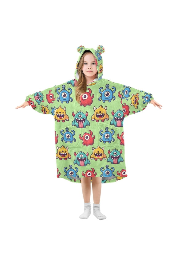 Wearable Blanket Hoodie with Sleeves for Kids Cozy Flannel Sweatshirt, Cute Monsters Pattern