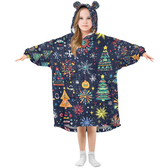 FORMRS Wearable Blanket Hoodie with Sleeves for Kids Cozy Flannel Sweatshirt, Dark Blue Christmas