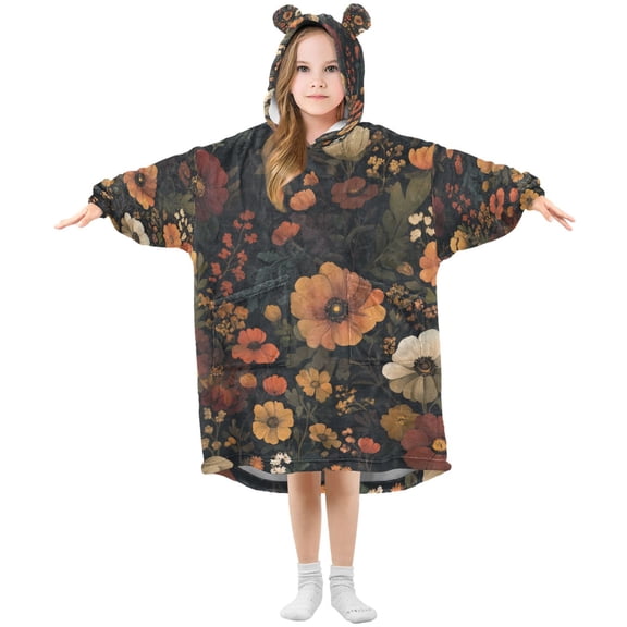 FORMRS Wearable Blanket Hoodie with Sleeves for Kids Cozy Flannel Sweatshirt, Dark Floral Pattern