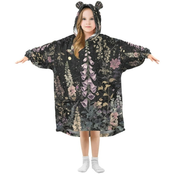 FORMRS Wearable Blanket Hoodie with Sleeves for Kids Cozy Flannel Sweatshirt, Dark Flowers Pattern